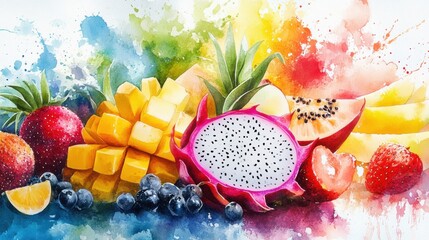 Vibrant arrangement of assorted tropical fruits in studio setting