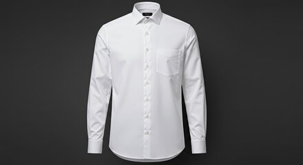 Close-up of a white dress shirt, featuring a collared neckline, long sleeves, and a button-down front.