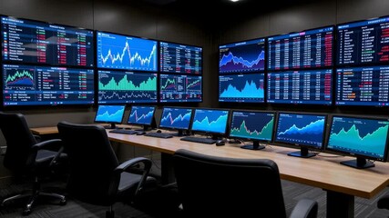 Stock market data displayed on multiple monitors in modern trading room with black chairs and wooden desks showing financial charts creating focused dynamic atmosphere for analysis and decision making - Powered by Adobe