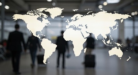 People walking in an airport with a world map overlay, representing travel and global business.