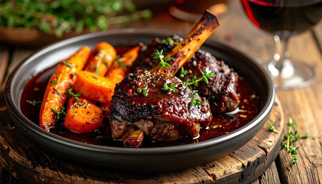 Delicious braised lamb shanks  with tender carrots, ideal for food blogs, recipe websites, and menus.
