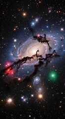 Obraz premium A vibrant spiral galaxy, complete with swirling nebulae and brilliant star clusters, dominates a vast expanse of cosmic space.