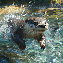 Playful otter swimming in clear blue water during daytime