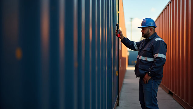 Customs Inspection Area: Officers Examining Cargo Containers with Handheld Scanners, Heavy-Duty Equipment, Safety Gear, and Empty Space for Text - Photo Stock Concept