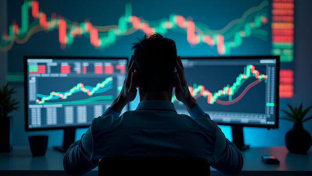 Investor Panic: A Dramatic Stock Market Crisis Scene with Plummeting Indices - Stock Photo Concept Featuring a Distressed Individual Clutching Head in Front of Computer Screens