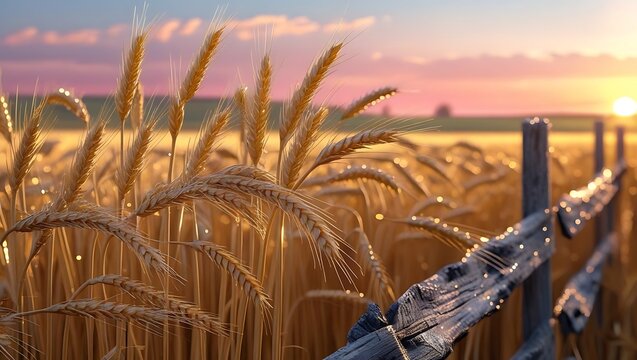 Golden wheat field at sunrise with rustic wooden fence