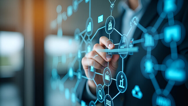 Close up of industry consultant writing supply chain economics forecast on glass whiteboard with interconnected nodes representing production distribution and consumption linkages in  Photo Stock  Con