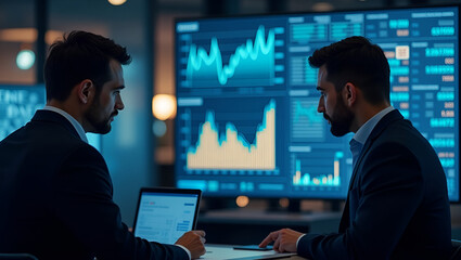 Fototapeta premium Senior Executives Analyze Global Economic Crisis: Digital Dashboards Show GDP Contraction, Unemployment Trends & Fiscal Policy Responses - Stock Photo Concept with Left Space