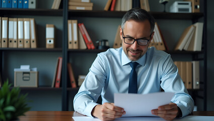Obraz premium Regulatory Officer Reviewing USA Product Restriction Policies in Secure Office with Compliance Manuals - Stock Photo Concept with Empty Space for Text