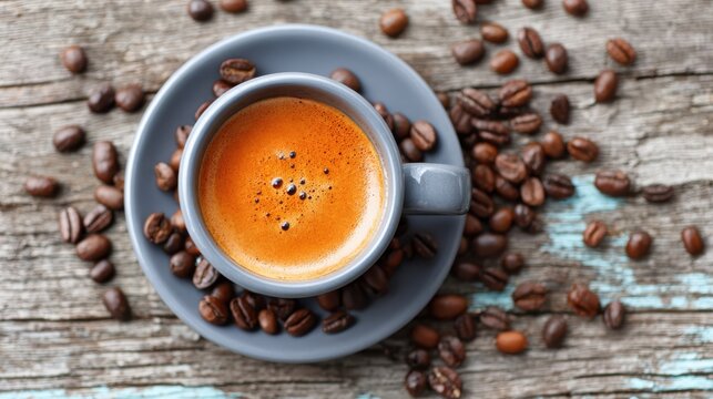 Coffee mood boost style. Cup of coffee with coffee beans on rustic wooden surface