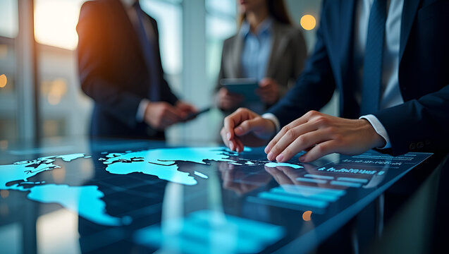 Business Professionals Analyzing Transatlantic Commerce Agreements on Digital Touchscreen Table: Visualizing Trade Data Exchanges Between Continents - Stock Photo Concept with Space for Text