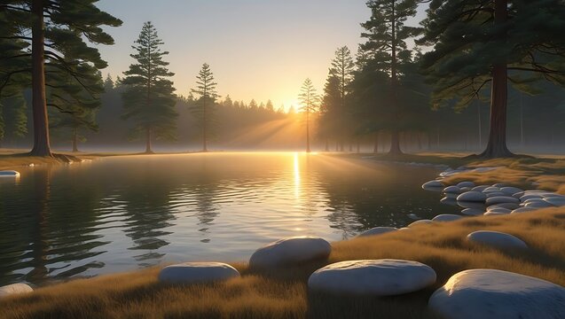Serene forest lake at sunrise with golden light and mist