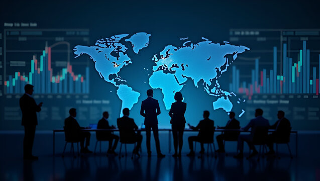 International Business Forum: Analyzing Global Trade Trends Amidst Exchange Rate Fluctuations and Commodity Price Charts - Photo Stock Concept with Left Space