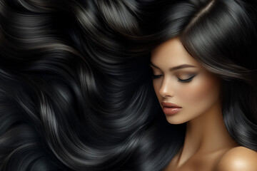 Obraz premium A beautiful model woman with long wavy black hair. Soft natural makeup and stylish elegance, captured with fashion lighting on a neutral background.