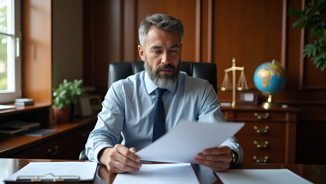 Expert Trade Law Consulting: Navigating Legal Texts & Tariff Schedules in a Classic Wood-Paneled Office with Justice Scale & Globe - Stock Photo Concept with Space for Text