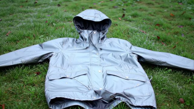 Raincoat on green grass with dew drops, misty background. Weather and clothing outdoors.