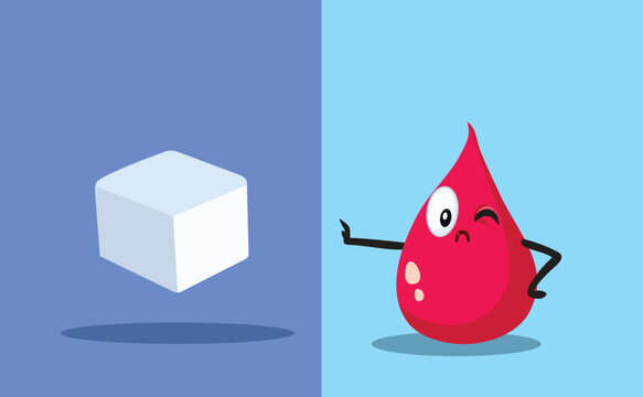 Blood Drop Vector Character Saying No to Sugar Cube. Sugar free lifestyle avoiding diabetes and other conditions 
