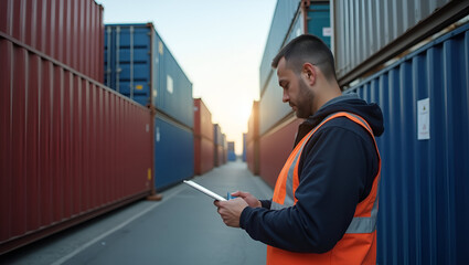 Fototapeta premium Shipping Coordinator: Organizing Container Loading from Asia to US Ports - Optimizing Consolidation Plans & Tracking Vessel ETA in Shipping Terminals (Photo Stock Concept)