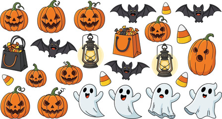 Halloween cartoon pattern with pumpkins bats and cute ghosts