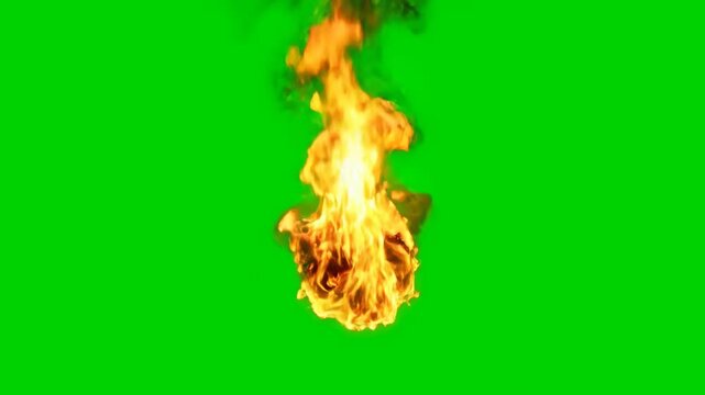 A controlled, small fireball expanding and dissipating quickly, isolated on a solid green screen alpha channel, explosion, action