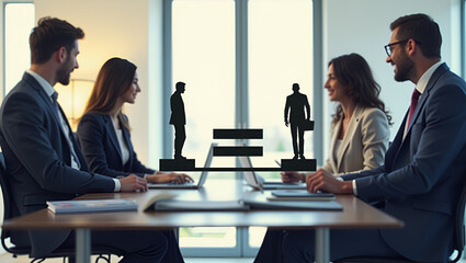 Visual Representation of Equal Job Opportunity: Multiethnic Group in Discussion with Balanced Graphic Equal Sign in Modern Business Environment - Stock Photo Concept with Empty Space