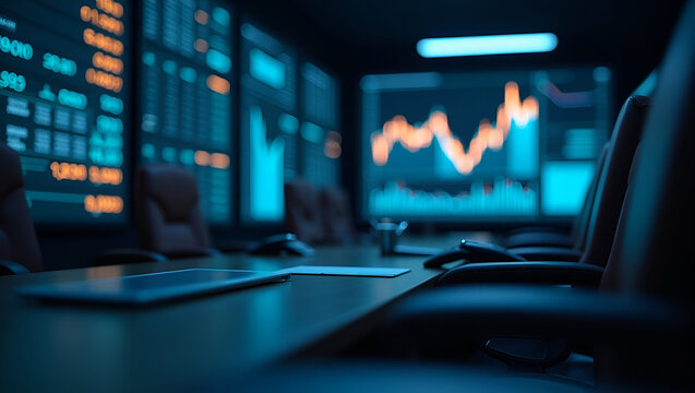 Corporate Boardroom Analysis: Reviewing Poor Stock Performance with EPS Misses, Revenue Shortfalls, and Investor Sentiment on Digital Screens - Stock Photo Concept