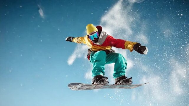Snowboarder Soaring in the Sky: A snowboarder executes a dynamic jump, framed against a vibrant blue sky and a backdrop of snowy bursts, showcasing the thrill and grace of winter sports.