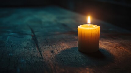 Soft glow of a yellow candle illuminates a rustic wooden table at night