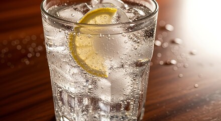 Sparkling water with ice and lemon slice, a refreshing drink on a wooden surface.