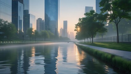 Fototapeta premium Misty morning river reflects city skyscrapers and lush greenery