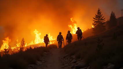 Fototapeta premium Firefighters Combat Climate Change-Fueled Wildfire in Rugged Terrain: Emergency Response Under Hazardous Conditions - Stock Photo Concept with Left-Side Empty Space