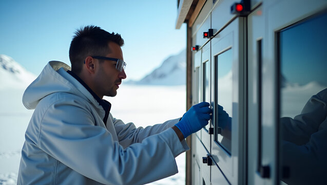 Scientist Sampling Atmospheric Air at High-Altitude Station for Global Carbon Measurement - Gas Chromatograph Analyzer in Action