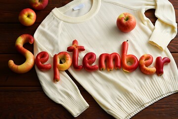 September spelled out with apples on a cream sweater