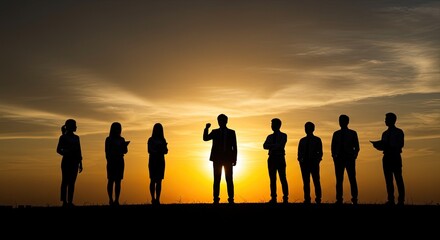 Silhouette of business team at sunset, leadership concept, success.