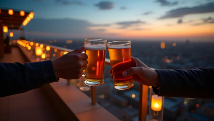 Couple Toasting Amber Beer on Rooftop Terrace: Romantic Celebration with Lanterns and Urban View at Twilight - Perfect Stock Photo Concept with Space for Text
