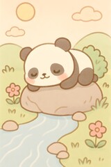 Fototapeta premium A cute cartoon drawing of a small cat sleeping in a bread basket. Use pastel colors, soft thin outlines, in Japanese Kawaii style.