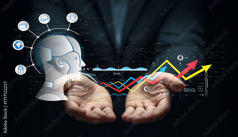 Poster hands holding digital interface representing ai technology and business growth with graphs and icons