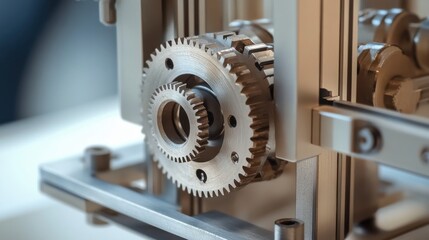 Close view of a metal gear in a mechanical assembly showcasing intricate details and engineering design elements