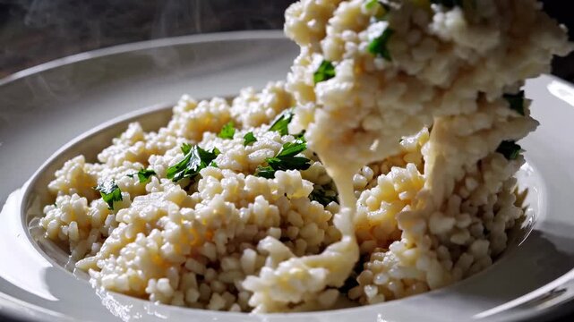 Close-up video of a steaming risotto dish, garnished with parsley. The low angle highlights the texture and warmth of the freshly cooked meal.
