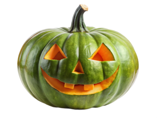 Green Halloween Pumpkin with Triangular Eyes and Jagged Smile jackolantern carved isolated on a transparent background