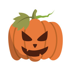 Cartoon pumpkin with a mischievous expression and a green vine, set against a plain background