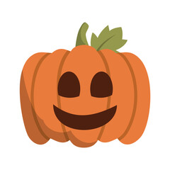 Cheerful pumpkin character with green leaf, set against a plain background, ideal for autumn themes