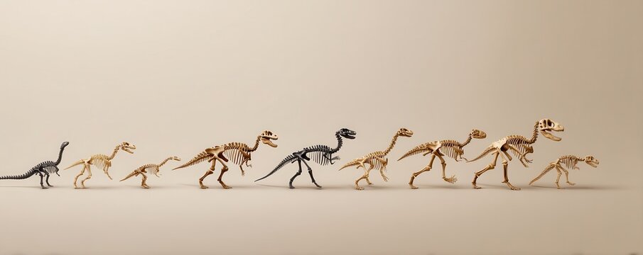 Fossil Dinosaur Timeline concept. Dinosaur skeleton evolution sequence on a neutral background.