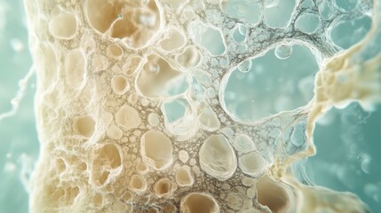 Discovering intricate textures of organic material under microscopic view revealing tiny bubbles and porous patterns