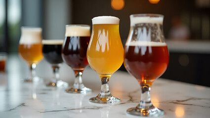 Elegant indoor beer tasting session showcasing rare craft brews poured into tulip glasses on marble countertop with expert host guidance in Photo Stock Concept and empty space on the left side