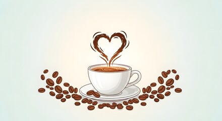 Obraz premium A steaming cup of coffee with a heart-shaped design in the rising steam, surrounded by coffee beans.