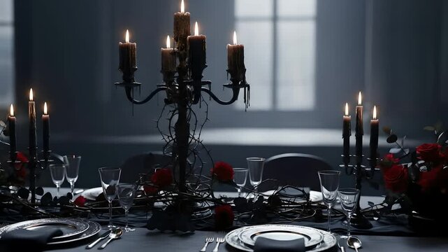 Gothic dinner table setting with candelabras, roses, and dark decor creates a mysterious atmosphere for Halloween events, gothic weddings, or horror movie scenes. Eerie, elegant.