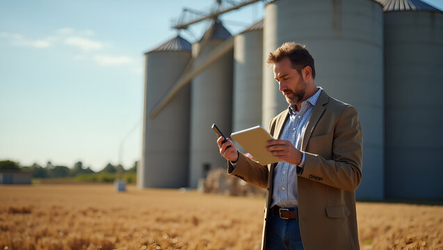 Agriculture Trade Expert Analyzes Grain Samples and Tariff Impact on Commodity Prices at Rural Warehouse - Stock Photo Concept with Empty Space
