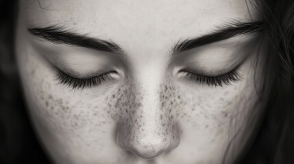 Obraz premium Close-up of a young person with closed eyes and freckles, capturing a moment of reflection and serenity in soft light