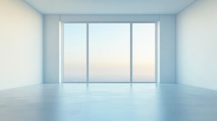 Fototapeta premium Modern empty room with large glass windows offering a view of a serene sunrise over the horizon